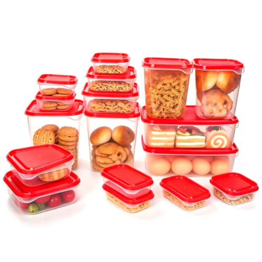 Food Storage Containers Set - ชุดภาชนะเก็บอาหารพลาสติก 17 ชิ้น, ฝาปิดมีช่องระบายอากาศสีแดง ปราศจากสาร BPA,