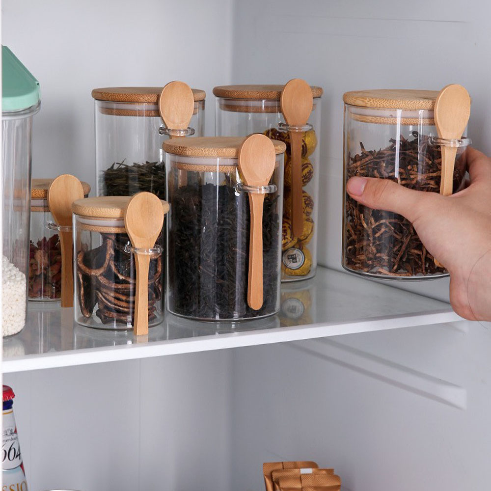 Food Storage Jars With Wooden Lids - ภาชนะพลาสติกเก็บอาหารแบบสุญญากาศพร้อมช้อนไม้และฝาปิด สำหรับใส่เกลืออาบน้ำ น้ำตาล เครื่องเทศ กาแฟ ชา
