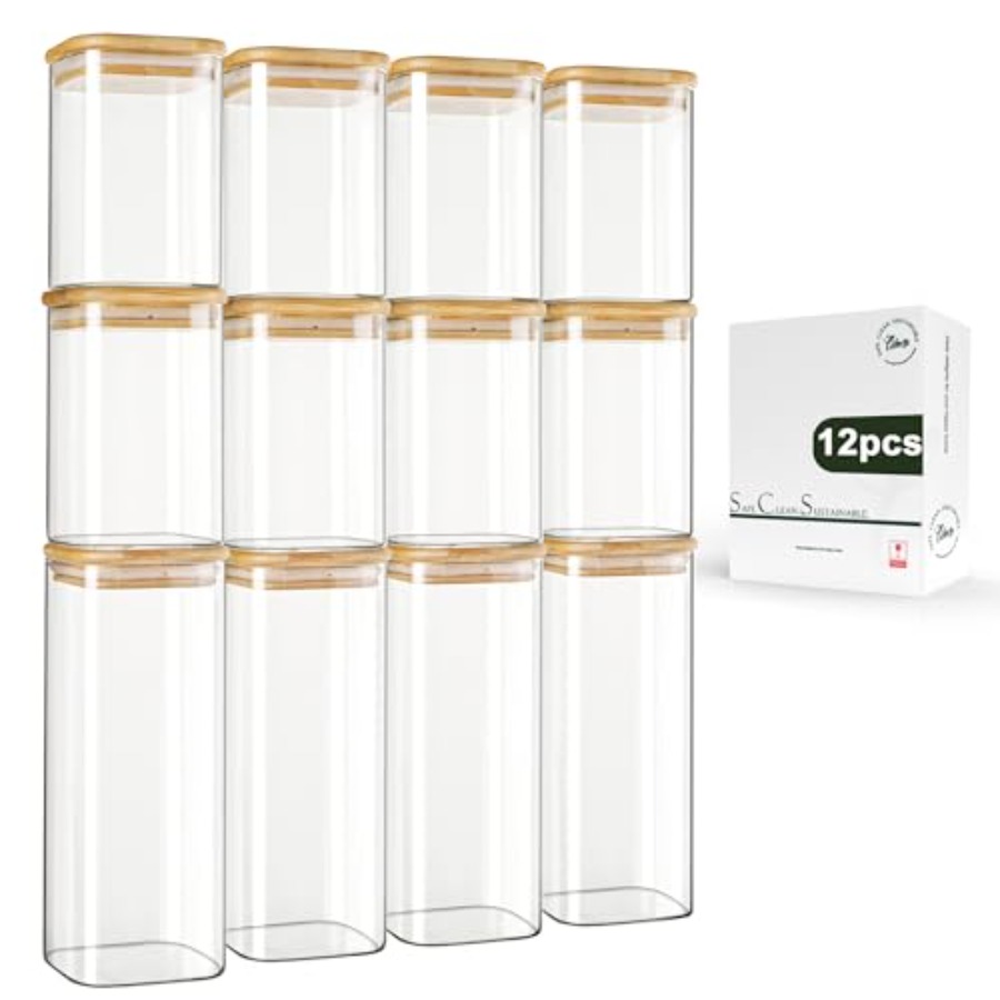 Food Storage Lid - ชุดโหลแก้วทรงสี่เหลี่ยมพร้อมฝาไม้ไผ่ 12 ชิ้น ขนาด 0.6Qt/1.06Qt -
