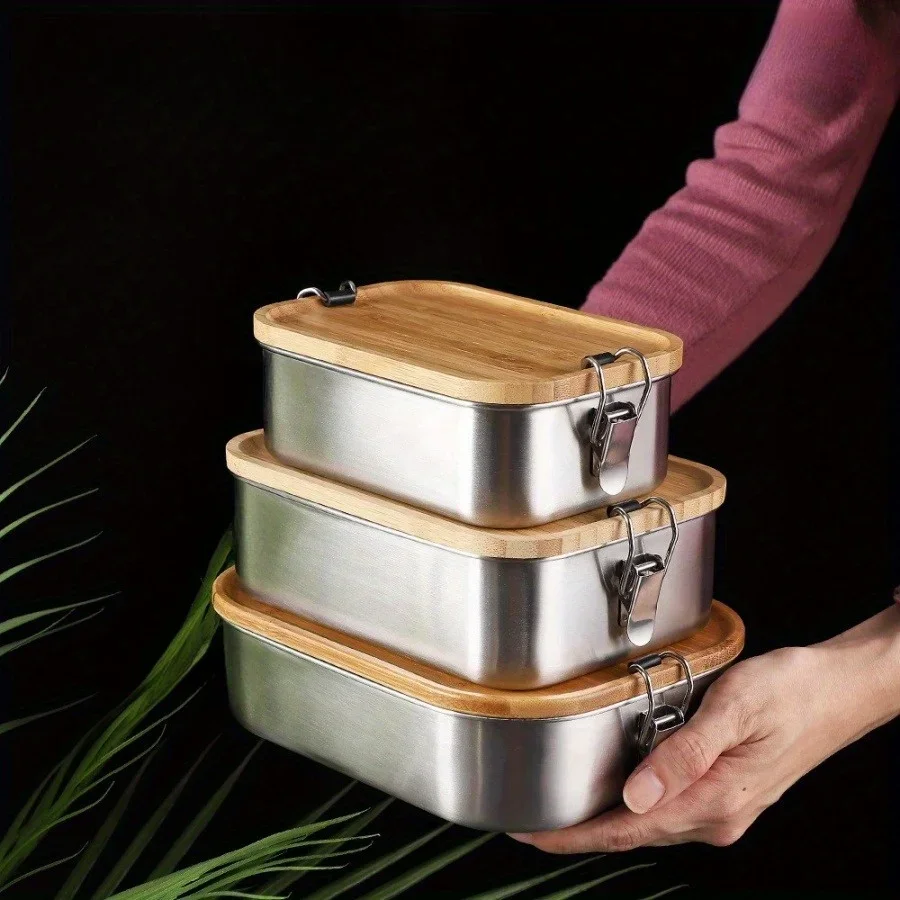 Food Storage Boxes With Lids - กล่องอาหารกลางวันสแตนเลส 304 ใหม่ พร้อมฝาไม้ไผ่, กล่องถนอมอาหารสไตล์ญี่ปุ่น, กล่องอาหารกลางวัน,