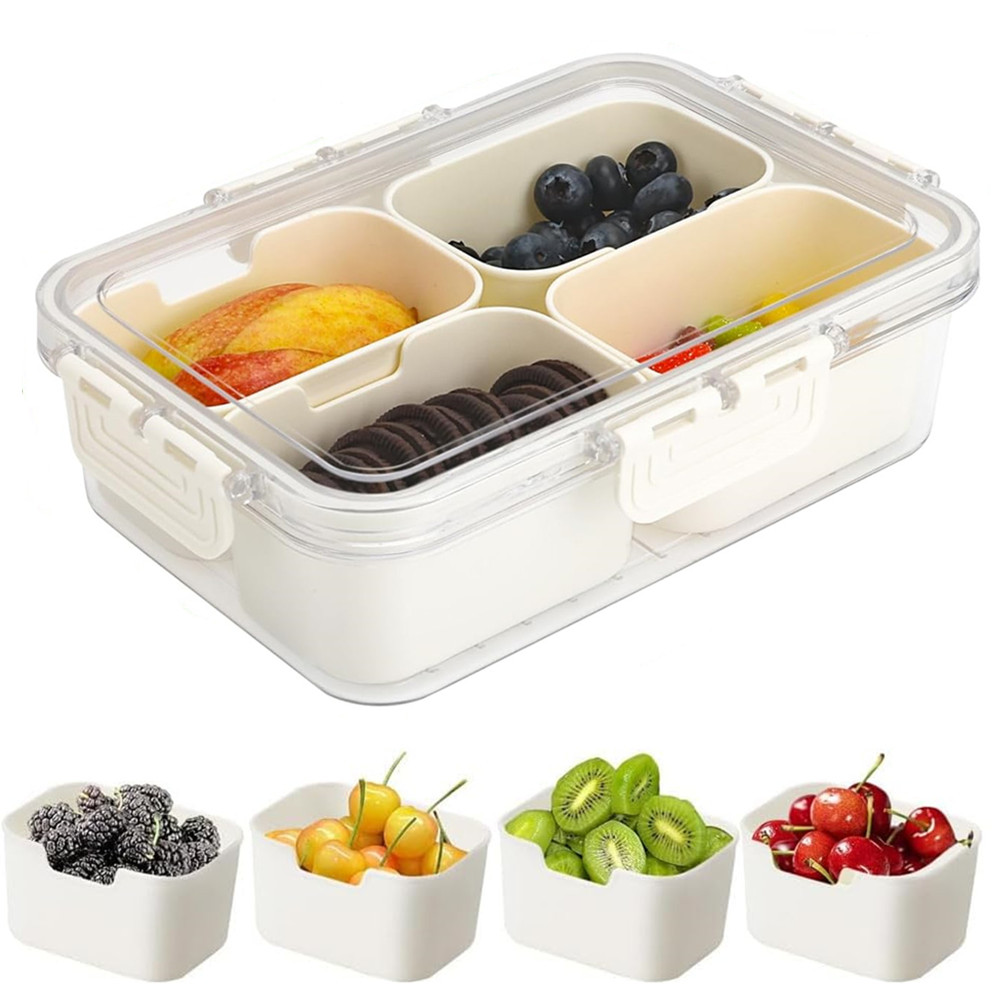 Food Storage Safe - กล่องเก็บอาหารแบบพกพา, กล่องเก็บขนม, 4 ช่องพร้อมฝาปิด, ถาดแยกสำหรับเสิร์ฟ, กล่องขนมสำหรับครัว,