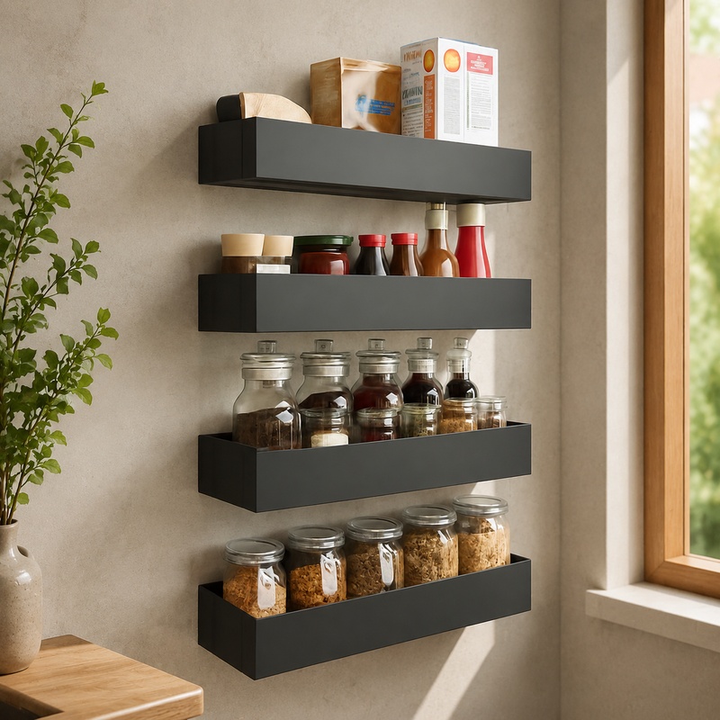Food Storage Shelving - ชั้นวางของแม่เหล็กสีดำสำหรับติดด้านข้างตู้เย็น, ชั้นวางเครื่องปรุงขนาดกะทัดรัดสำหรับห้องครัว