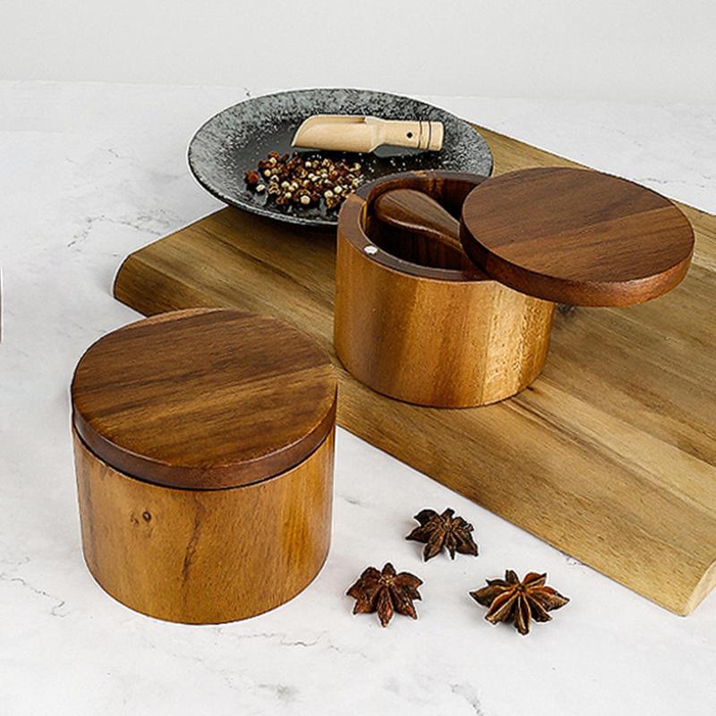 Food Storage Jars With Wooden Lids - เกลือเครื่องปรุงรสขวดพริกไทยไม้กล่องเครื่องปรุงอาหารชามหม้อชุดไม้น้ําตาลคอนเทนเนอร์ผู้ถือฝาปิดฟังก์ชั่นชามหลาย