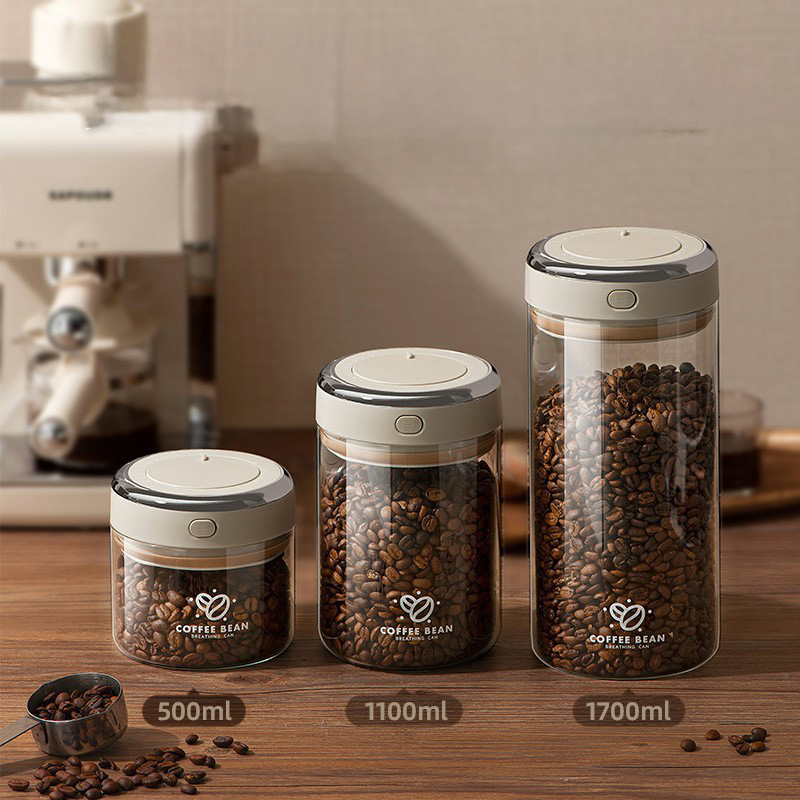 Food Storage Jars Airtight - ถังเก็บเมล็ดกาแฟสุญญากาศขนาด 500/1100/1700 มล. พร้อมวาล์ว CO2 ขวดแก้วเก็บอาหาร