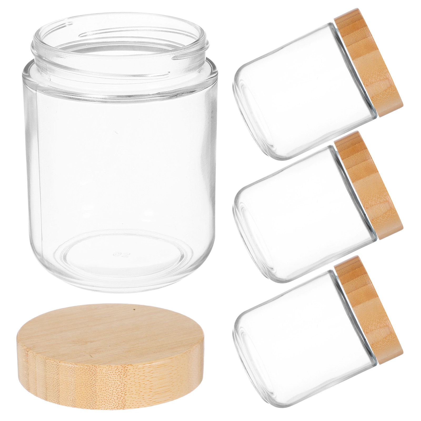 Food Storage Lid - โหลแก้วใส 4 ชิ้น พร้อมฝาไม้ไผ่ ปิดผนึกแน่นสนิทสำหรับเก็บอาหาร จัดระเบียบและตกแต่งห้องครัว