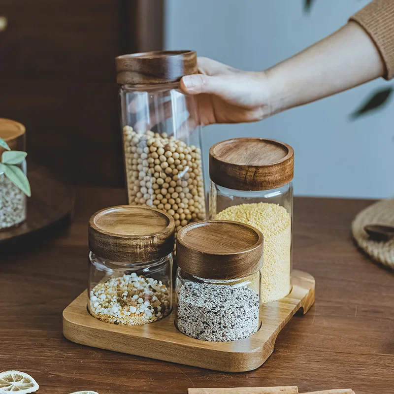 Food Storage Jars With Wooden Lids - กล่องเก็บอาหารแบบฝาปิดทำจากแก้วแบบสุญญากาศขวดโหลที่เก็บเครื่องครัวกล่องไม้เก็บอาหารที่ปิดสนิทพร้อมชุดฐาน