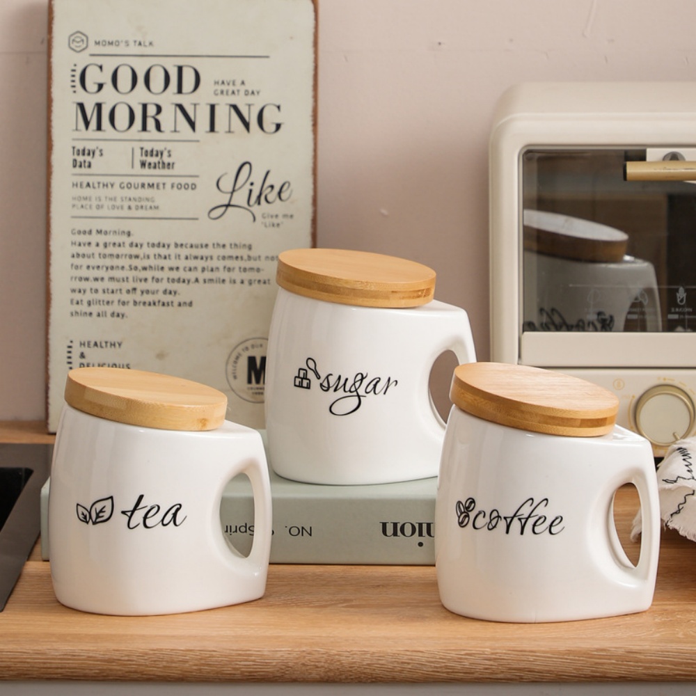 Food Storage Jars With Wooden Lids - โถเซรามิกฝาไม้ไผ่พร้อมหูจับ - กระปุกเก็บอาหารสุญญากาศสำหรับน้ำตาล กาแฟ ชา -