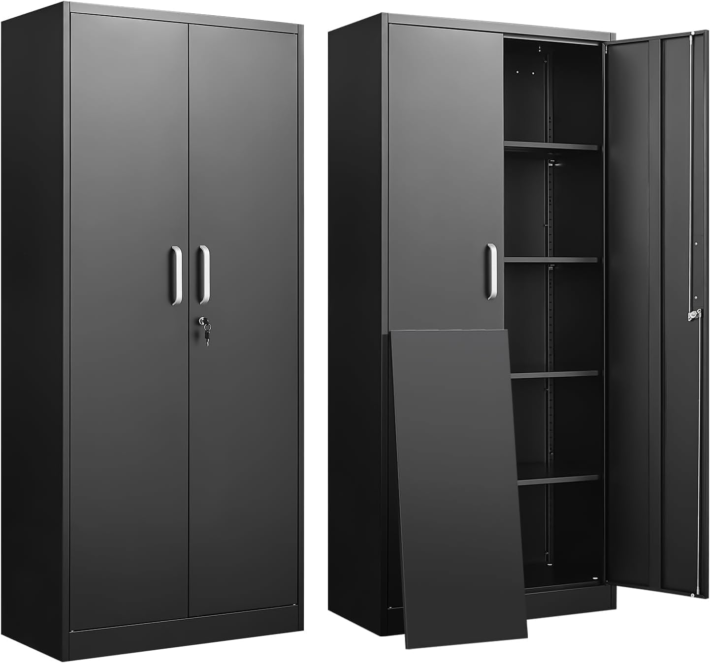 Food Storage Shelving - ตู้เก็บของโลหะพร้อมชั้นวางปรับระดับได้ ตู้เก็บของในโรงรถสีดำพร้อมประตูและชั้นวาง ชั้นวางเอกสารความจุสูงสำหรับโฮมออฟฟิศ ตู้เก็บของในครัวทรงสูง ตู้เก็บของอเนกประสงค์