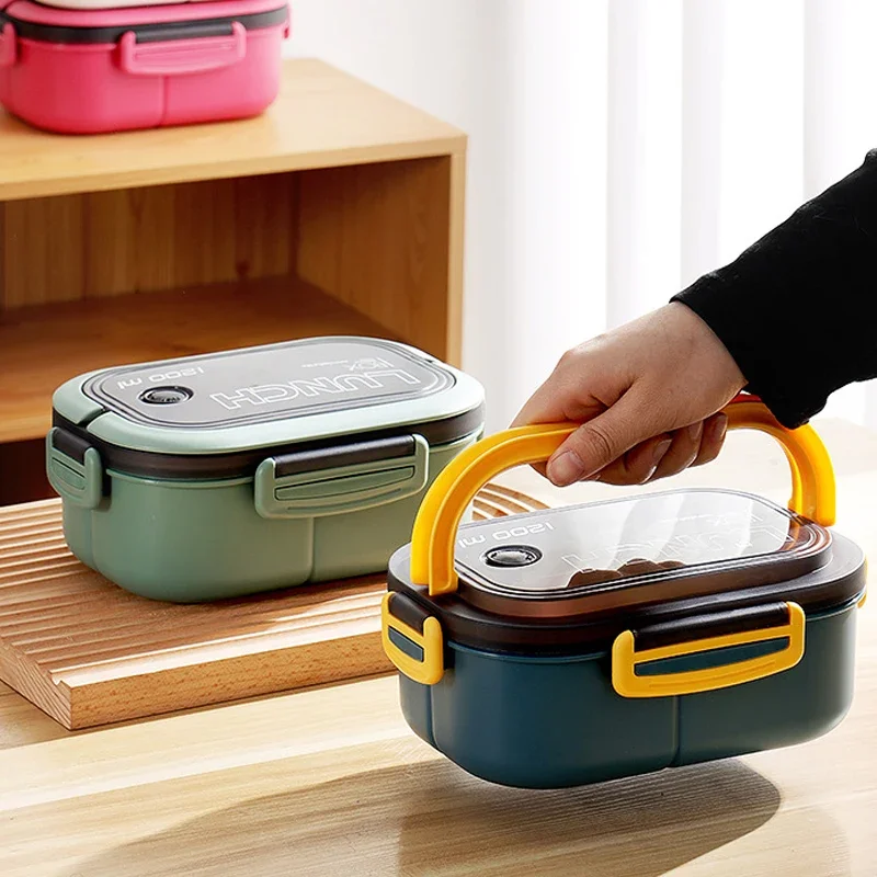 Food Storage Hot - กล่องข้าวสองชั้นแบบร้อน พร้อมช่องใส่ผลไม้ อาหาร ใช้กับไมโครเวฟได้ พร้อมส้อมและช้อน กล่องปิกนิกเก็บความสด